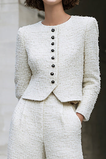 Ivory 2 Piece Tweed Wide Leg Long Sleeves Interview Outfits with Pockets