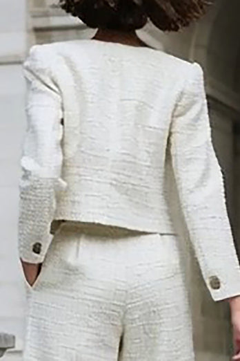 Ivory 2 Piece Tweed Wide Leg Long Sleeves Interview Outfits with Pockets