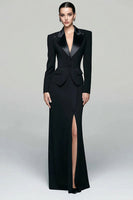 Load image into Gallery viewer, 2 Piece Black Peak Lapel Pencil Long Blazer Dress with Slit