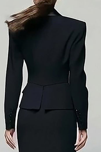 2 Piece Black Peak Lapel Pencil Long Blazer Dress with Slit