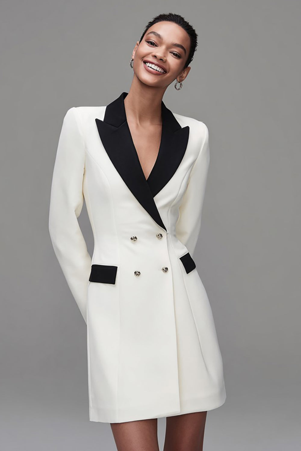Ivory Black Double Breasted Peak Lapel Short Blazer Dress with Sleeves