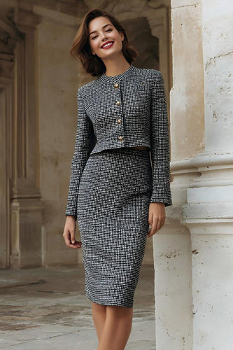 Grey Pencil Tweed 2 Piece Midi Interview Outfits with Slit
