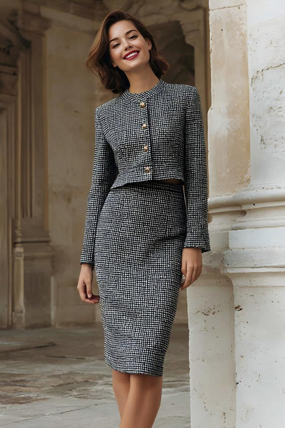 Grey Pencil Tweed 2 Piece Midi Interview Outfits with Slit