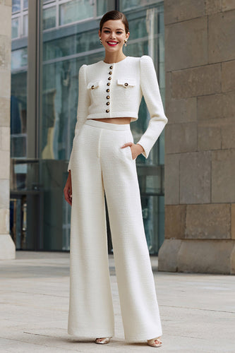 2 Piece Ivory Tweed Single Breasted Interview Outfits with Pockets
