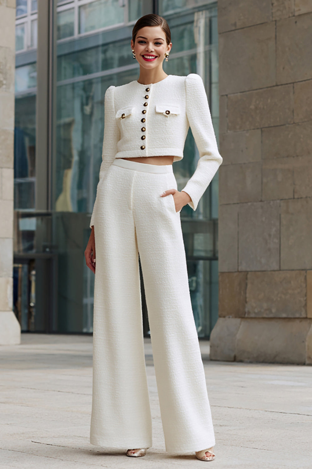 2 Piece Ivory Tweed Single Breasted Interview Outfits with Pockets