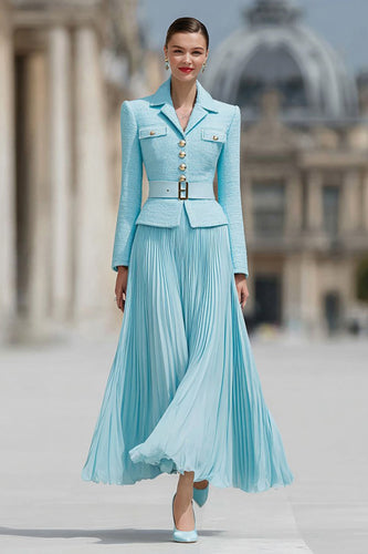 2 Piece Light Blue Chiffon A Line Notched Lapel Business Suits with Belt