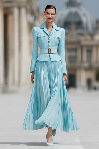 2 Piece Light Blue Chiffon A Line Notched Lapel Business Suits with Belt