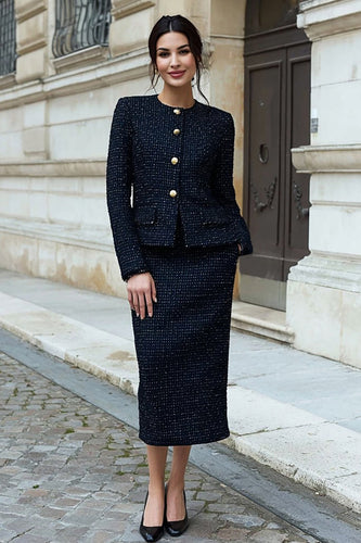 2 Piece Black Tweed Single Breasted Interview Outfits with Slit