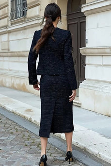 2 Piece Black Tweed Single Breasted Interview Outfits with Slit