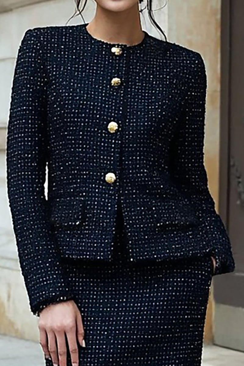 Load image into Gallery viewer, 2 Piece Black Tweed Single Breasted Interview Outfits with Slit