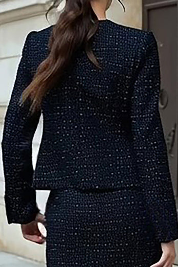 2 Piece Black Tweed Single Breasted Interview Outfits with Slit