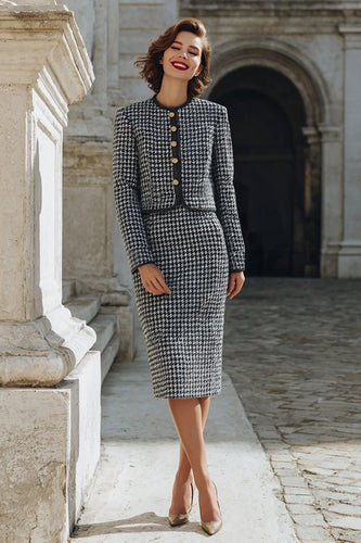 2 Piece Grey Tweed Single Breasted Pencil Midi Interview Outfits