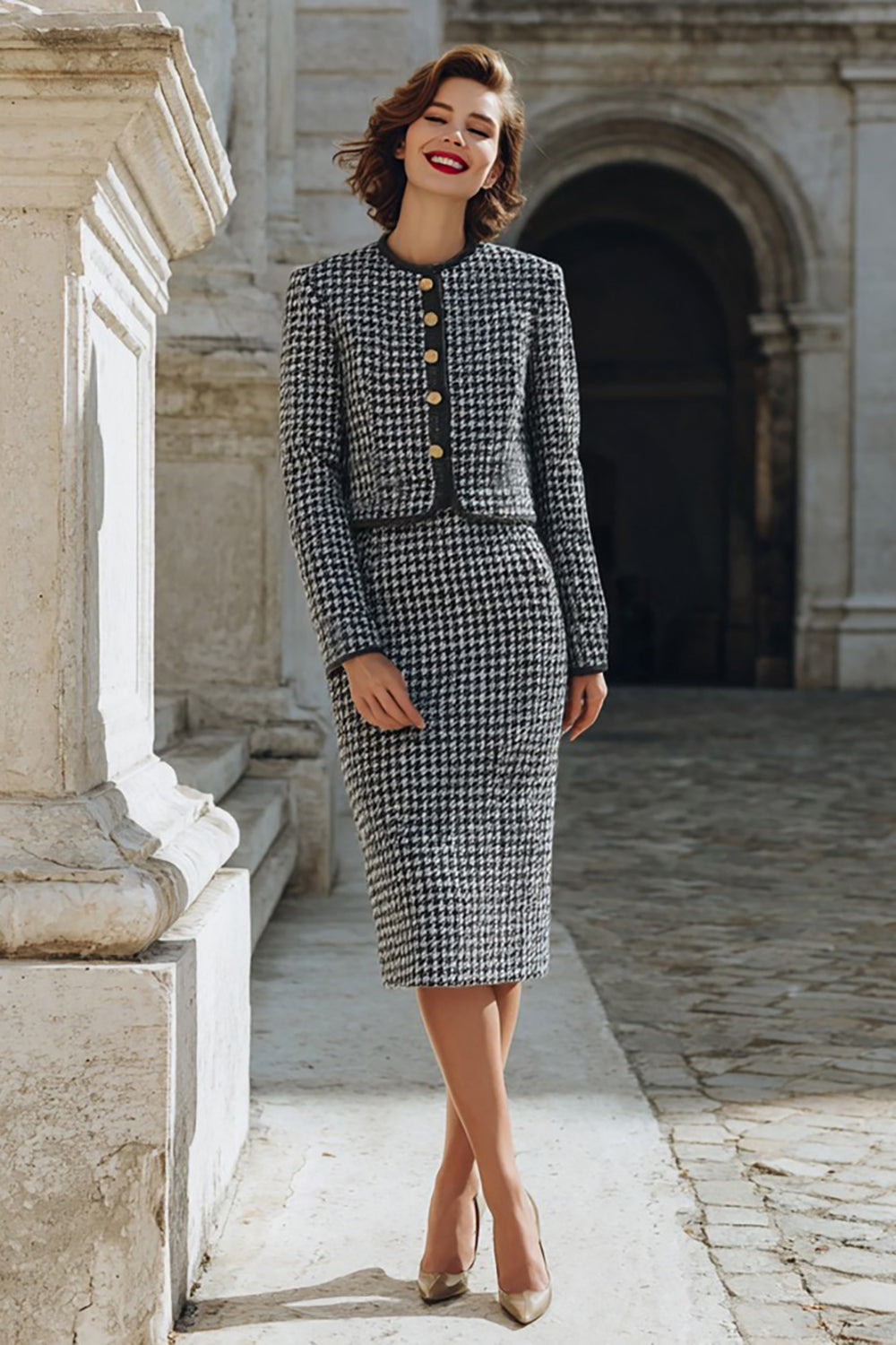 2 Piece Grey Tweed Single Breasted Pencil Midi Interview Outfits