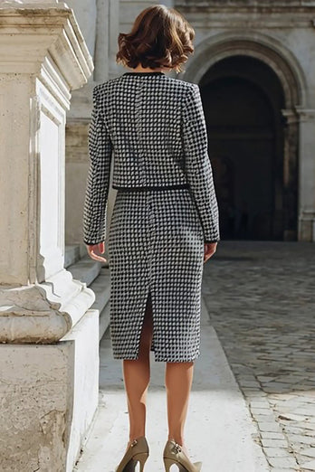 2 Piece Grey Tweed Single Breasted Pencil Midi Interview Outfits