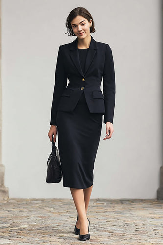 Black 2 Piece Pencil Notched Lapel Midi Business Suits