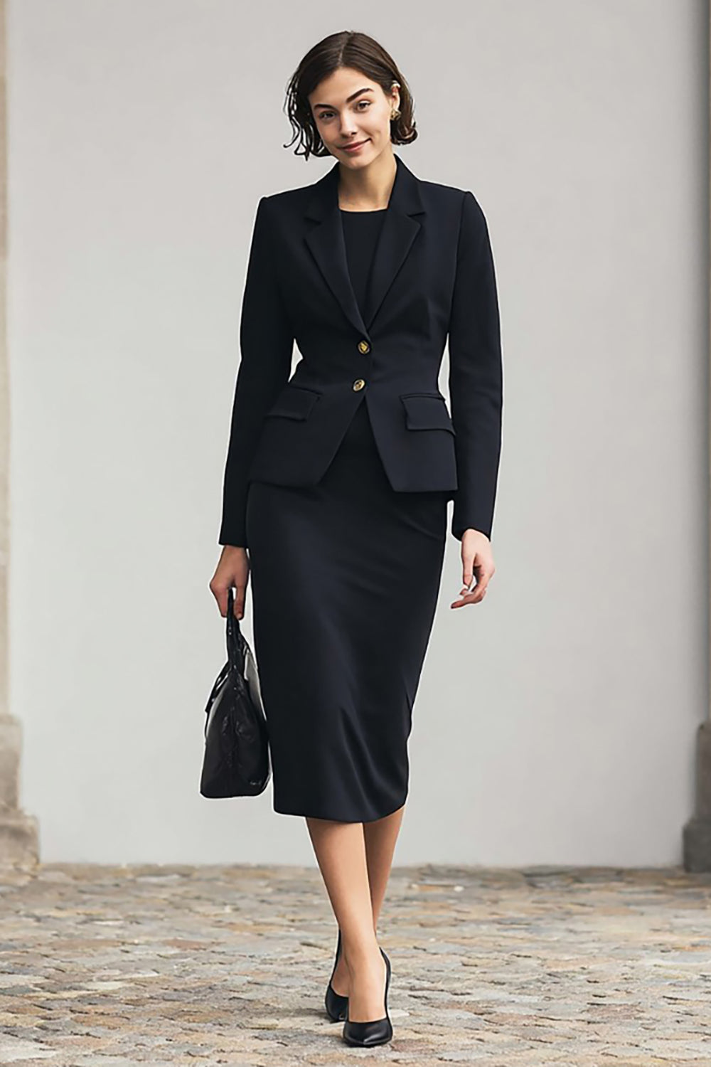 Black 2 Piece Pencil Notched Lapel Midi Business Suits