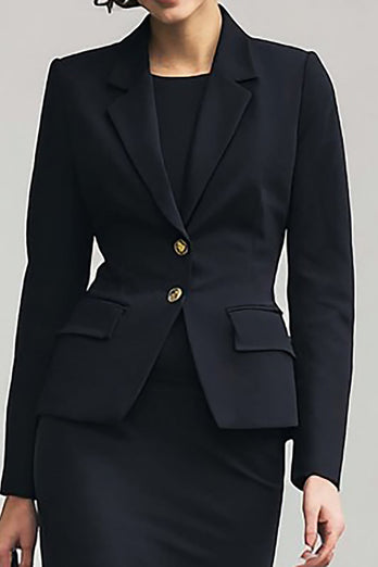 Black 2 Piece Pencil Notched Lapel Midi Business Suits