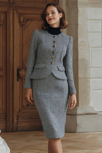 2 Piece Grey Tweed Single Breasted Pencil Midi Interview Outfits
