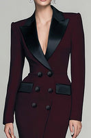 Load image into Gallery viewer, Burgundy Double Breasted Peak Lapel Long Blazer Dress with Slit