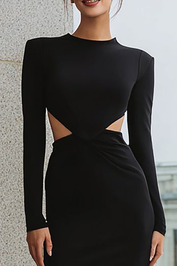Black Pencil Satin Cut Out Midi Work Dress with Sleeves