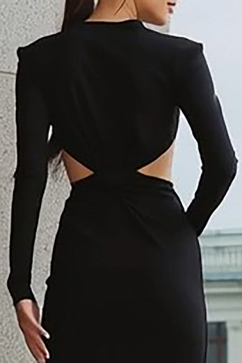 Black Pencil Satin Cut Out Midi Work Dress with Sleeves