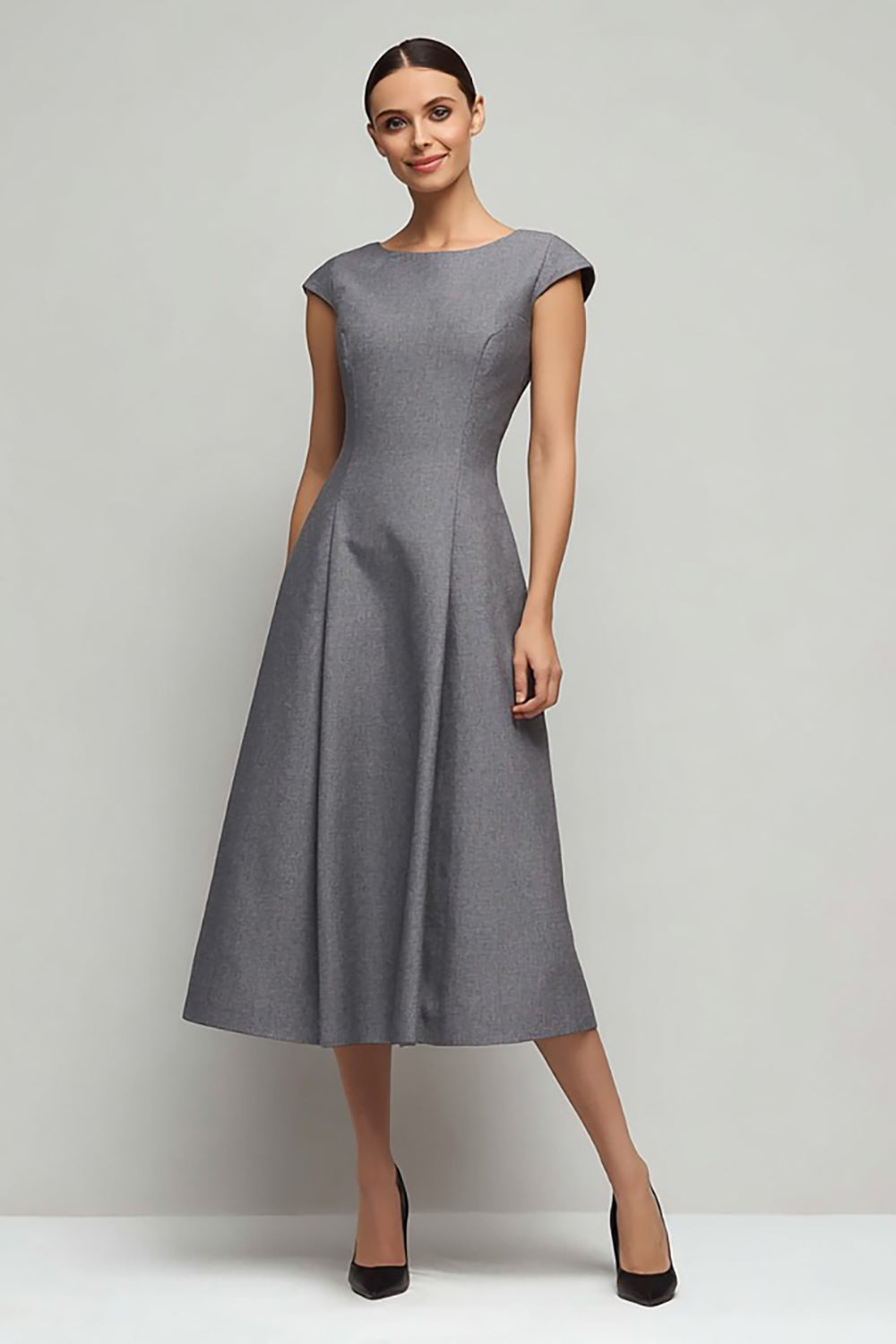 Simple Grey A Line Boat Neck Midi Work Dress with Sleeves