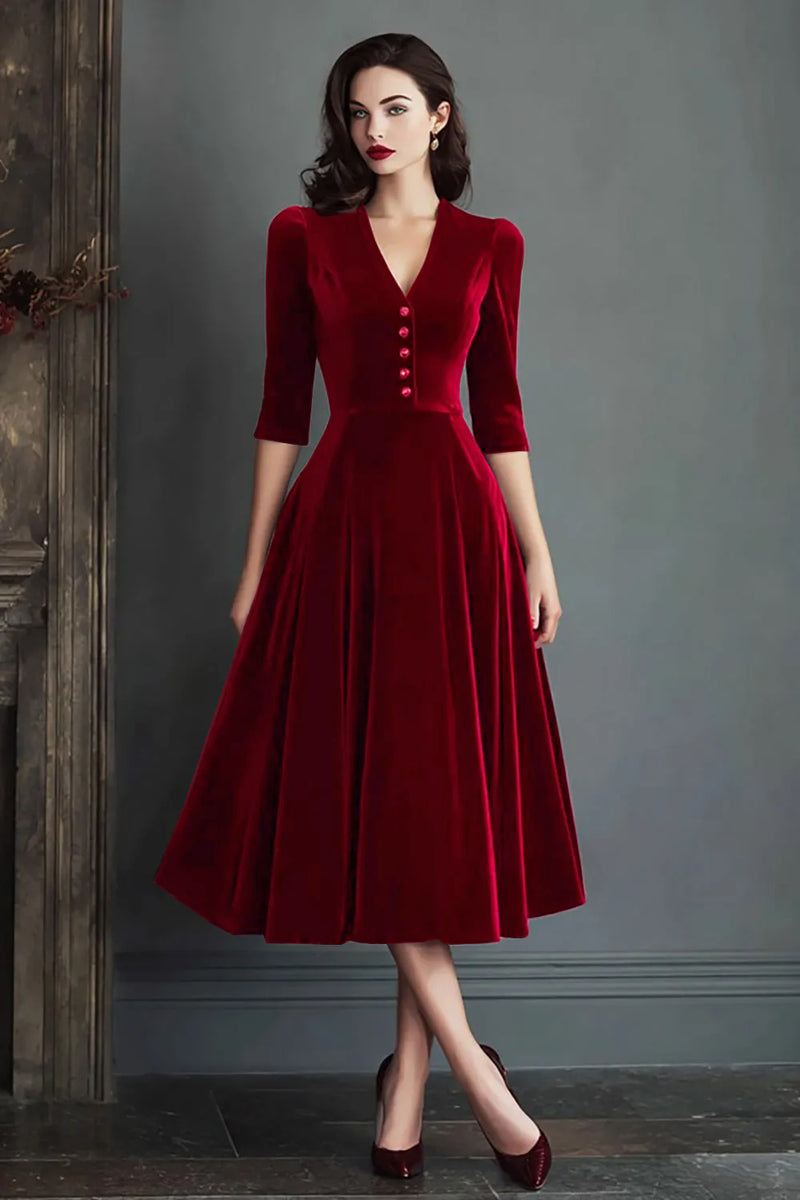 Load image into Gallery viewer, Burgundy Velvet V-Neck A Line Midi Holiday Party Dress with Sleeves