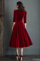 Load image into Gallery viewer, Burgundy Velvet V-Neck A Line Midi Holiday Party Dress with Sleeves