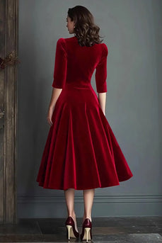 Burgundy Velvet V-Neck A Line Midi Holiday Party Dress with Sleeves