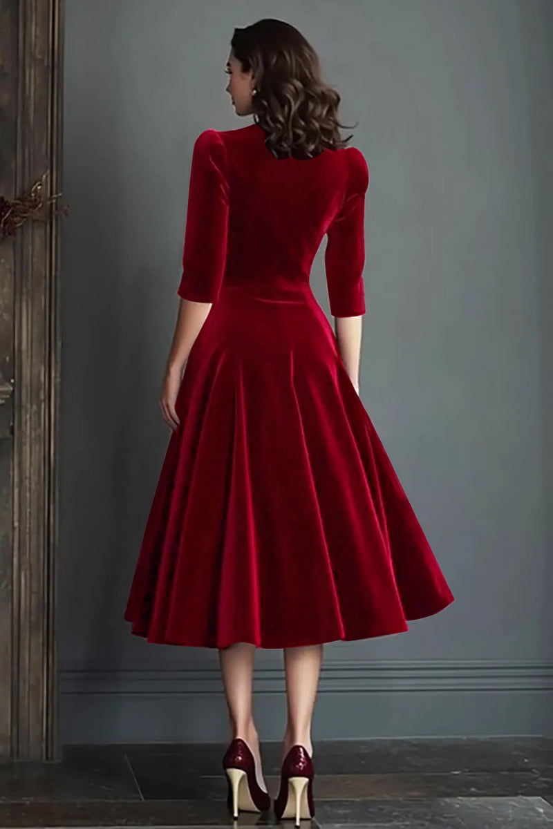 Load image into Gallery viewer, Burgundy Velvet V-Neck A Line Midi Holiday Party Dress with Sleeves