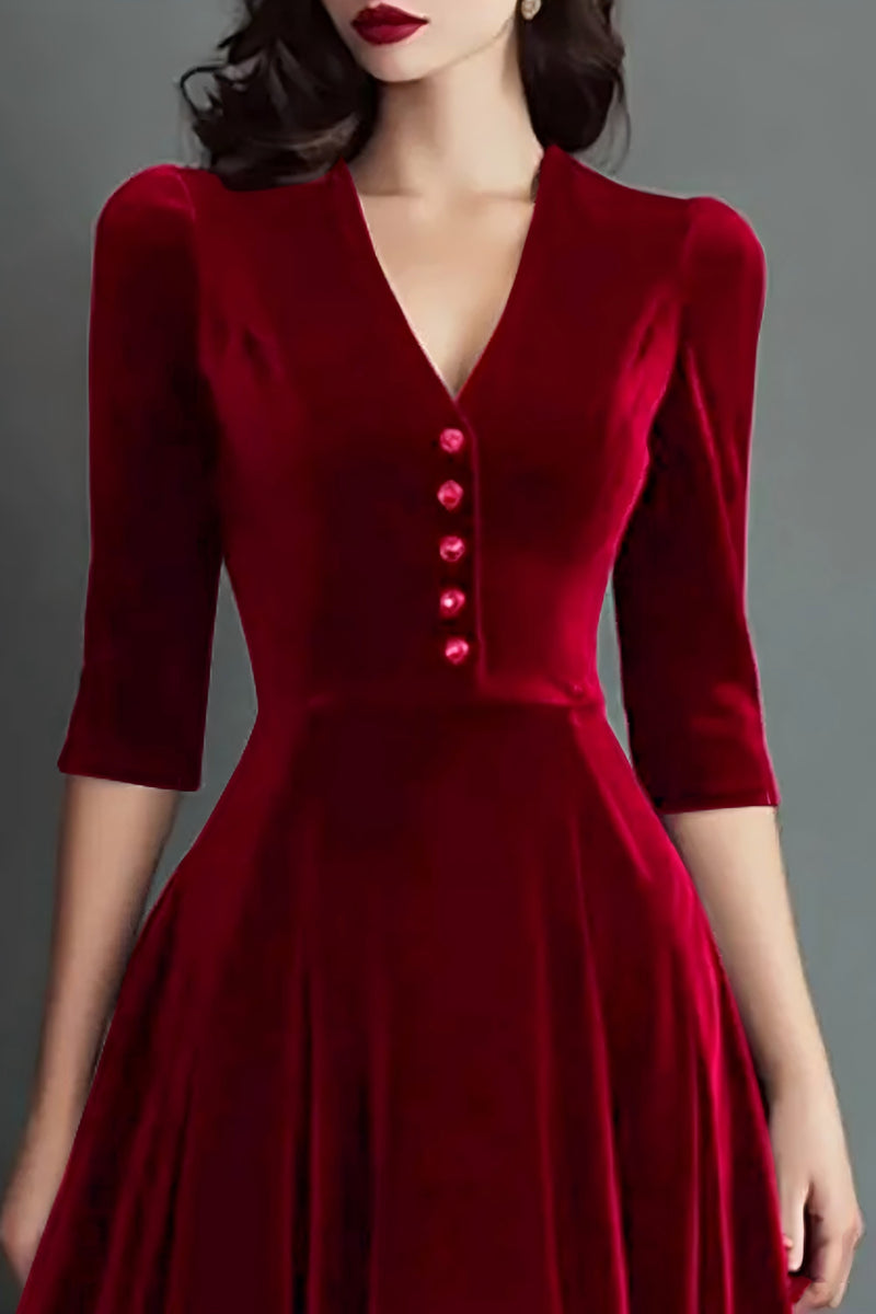 Load image into Gallery viewer, Burgundy Velvet V-Neck A Line Midi Holiday Party Dress with Sleeves