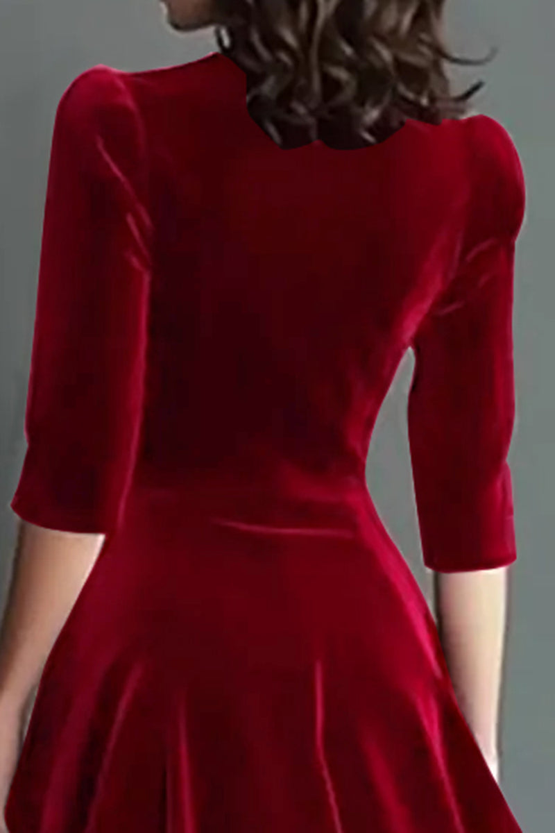 Load image into Gallery viewer, Burgundy Velvet V-Neck A Line Midi Holiday Party Dress with Sleeves