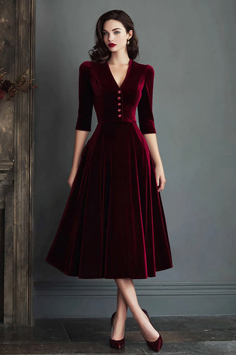 Burgundy Velvet V-Neck A Line Midi Holiday Party Dress with Sleeves