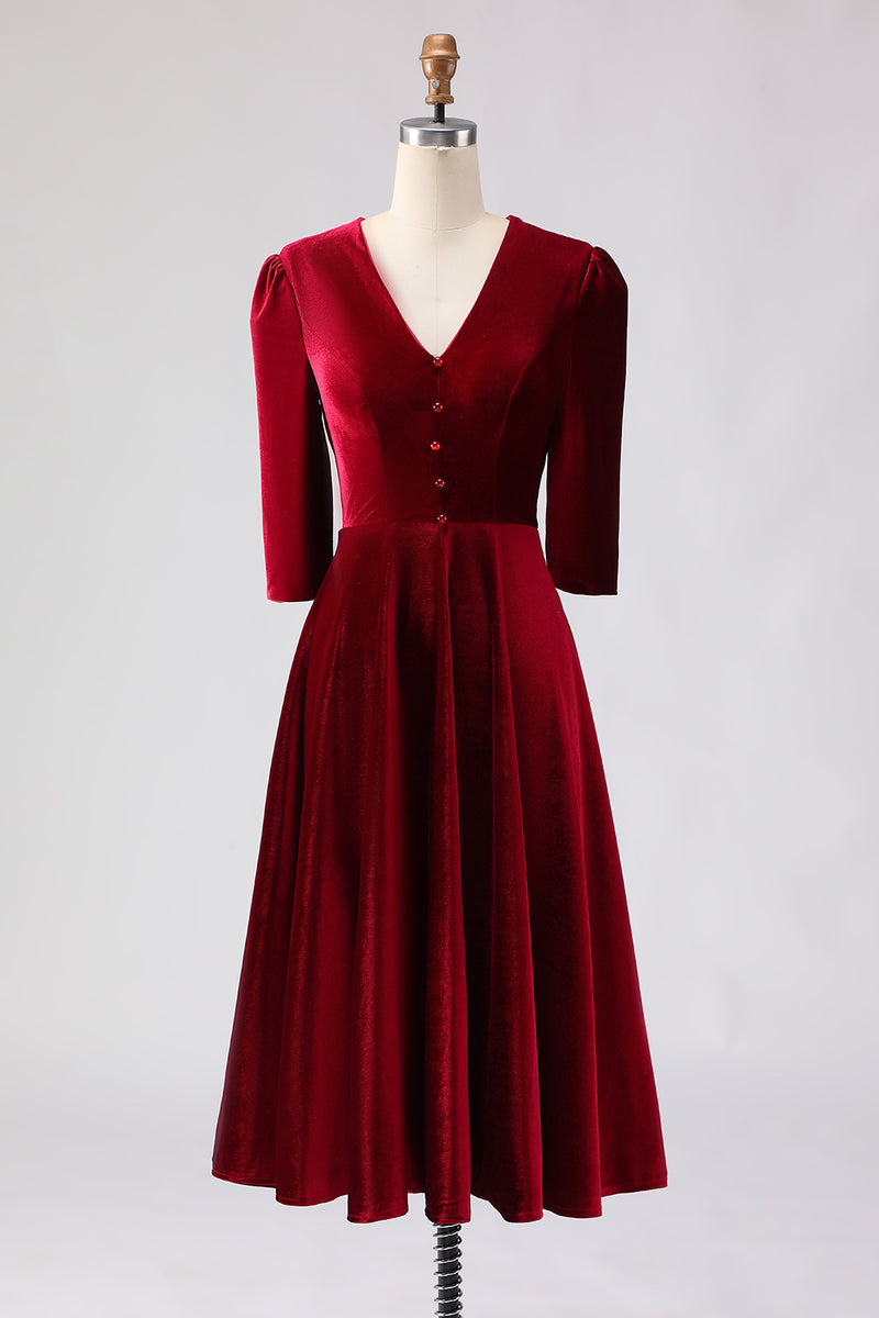 Load image into Gallery viewer, Burgundy Velvet V-Neck A Line Midi Holiday Party Dress with Sleeves
