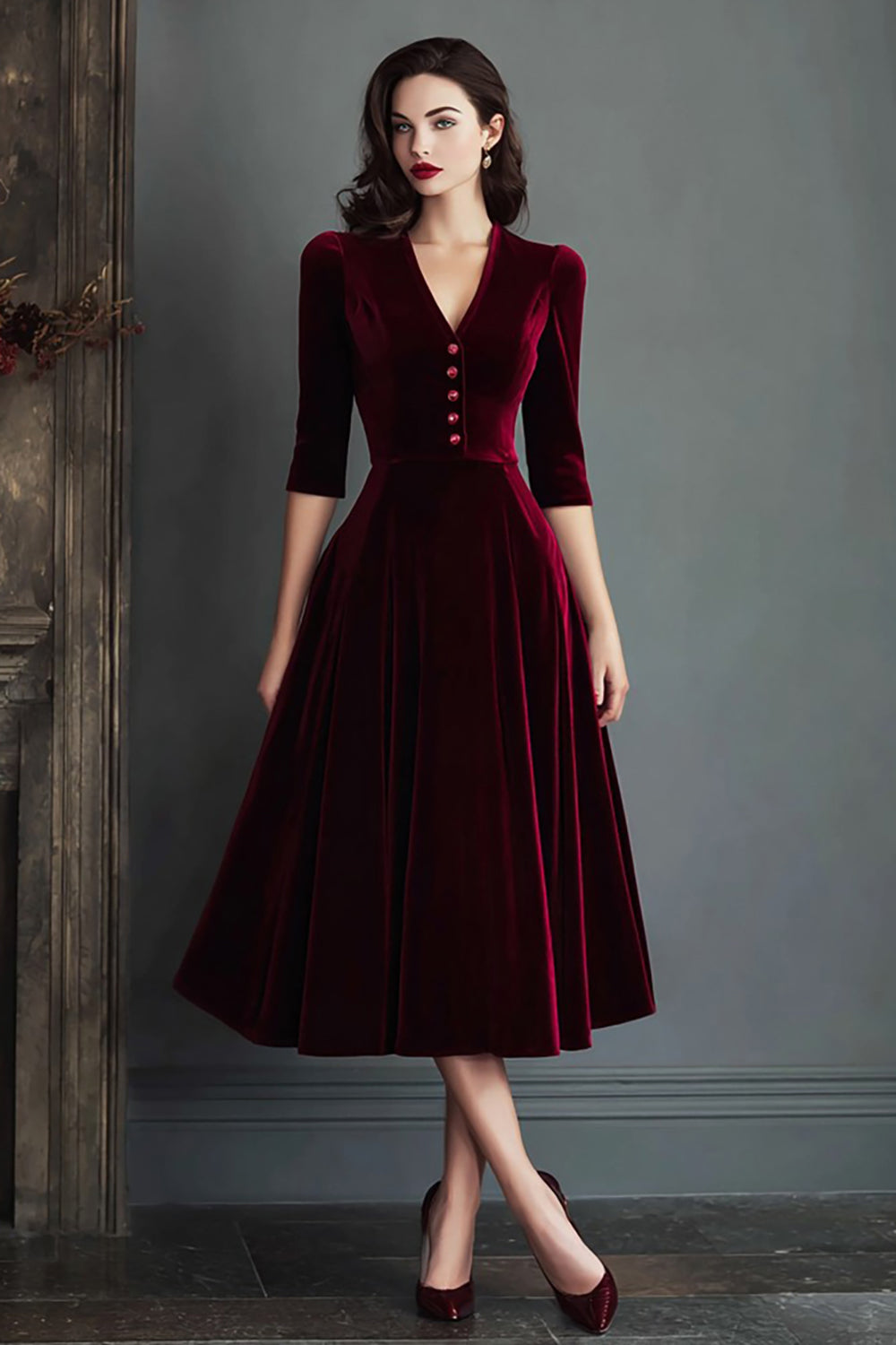 Burgundy Velvet V-Neck A Line Midi Holiday Party Dress with Sleeves