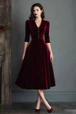 Queendancer Women Burgundy Velvet Midi Holiday Party Dress with Sleeves A Line V-Neck Single Breasted Christmas Party Dress