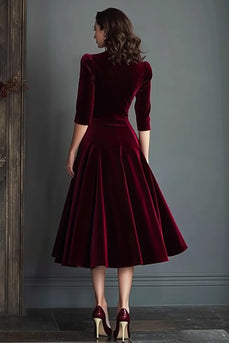 Burgundy Velvet V-Neck A Line Midi Holiday Party Dress with Sleeves
