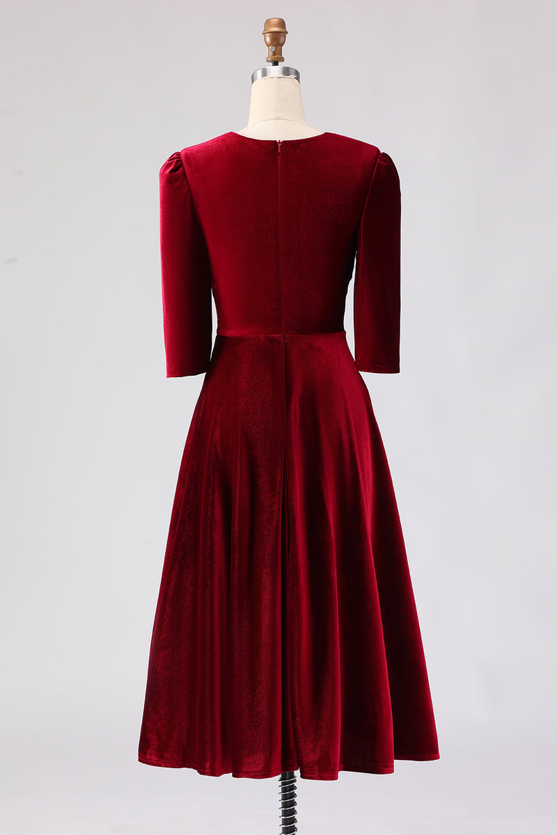 Load image into Gallery viewer, Burgundy Velvet V-Neck A Line Midi Holiday Party Dress with Sleeves