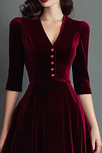 Burgundy Velvet V-Neck A Line Midi Holiday Party Dress with Sleeves