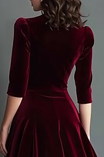 Burgundy Velvet V-Neck A Line Midi Holiday Party Dress with Sleeves
