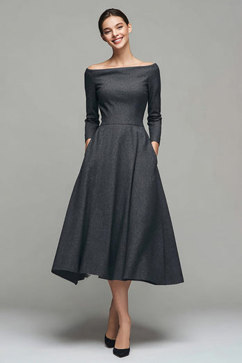 Dark Grey A Line Off the Shoulder Midi Work Dress with Sleeves