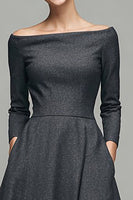 Load image into Gallery viewer, Dark Grey A Line Off the Shoulder Midi Work Dress with Sleeves