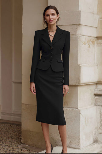 Black 2 Piece Pencil Satin Single Breasted Midi Business Suits