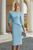 Load image into Gallery viewer, Sky Blue Satin Bodycon Boat Neck Midi Work Dress with Sleeves