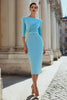 Load image into Gallery viewer, Light Blue Satin Boat Neck Ruched Bodycon Midi Work Dress with Slit