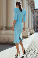 Load image into Gallery viewer, Light Blue Satin Boat Neck Ruched Bodycon Midi Work Dress with Slit