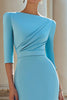 Load image into Gallery viewer, Light Blue Satin Boat Neck Ruched Bodycon Midi Work Dress with Slit