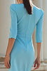 Load image into Gallery viewer, Light Blue Satin Boat Neck Ruched Bodycon Midi Work Dress with Slit