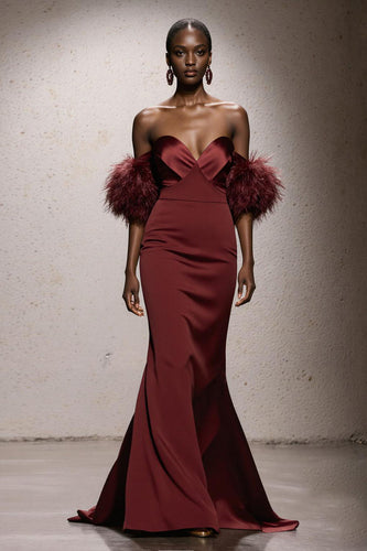 Burgundy Satin Mermaid Sweetheart Long Gala Dress with Feathers