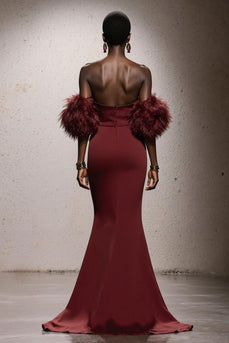 Burgundy Satin Mermaid Sweetheart Long Gala Dress with Feathers